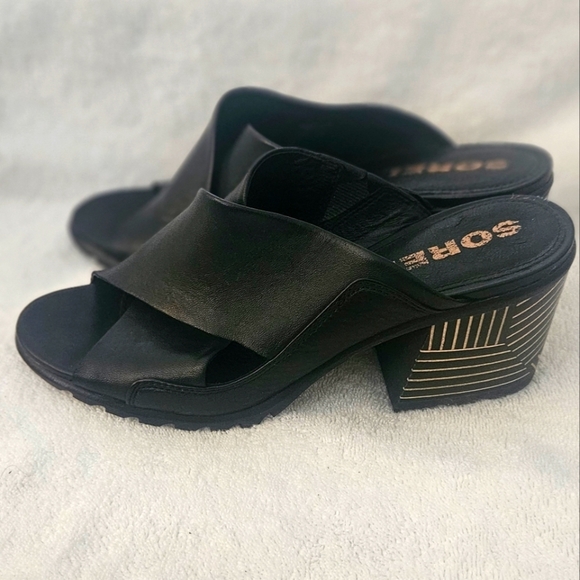 Sorel Nadia Slip On Peep Toe Mule Black Leather Block Heel Sandals Wmn's Size 9 - Picture 1 of 7